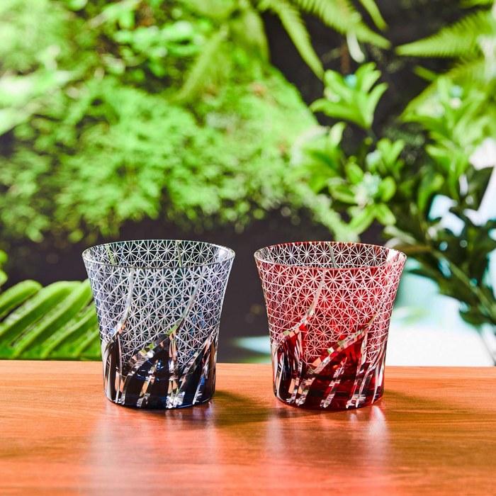 LUGUFON Kiriko Glass Rocks Glass – Kikutsunagi Design (Red) 260cc (1 count)