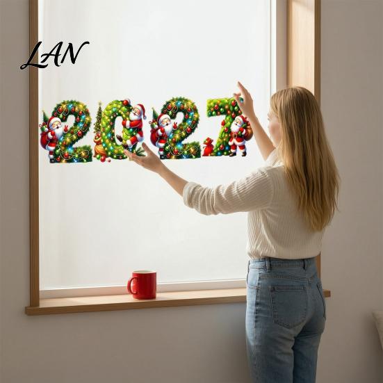 Holiday Glass Decals 2027 Merry Christmas Window Cling, Santa Snowman Reindeer Door Sticker, Removable Static Decal for Living Room Bedroom
