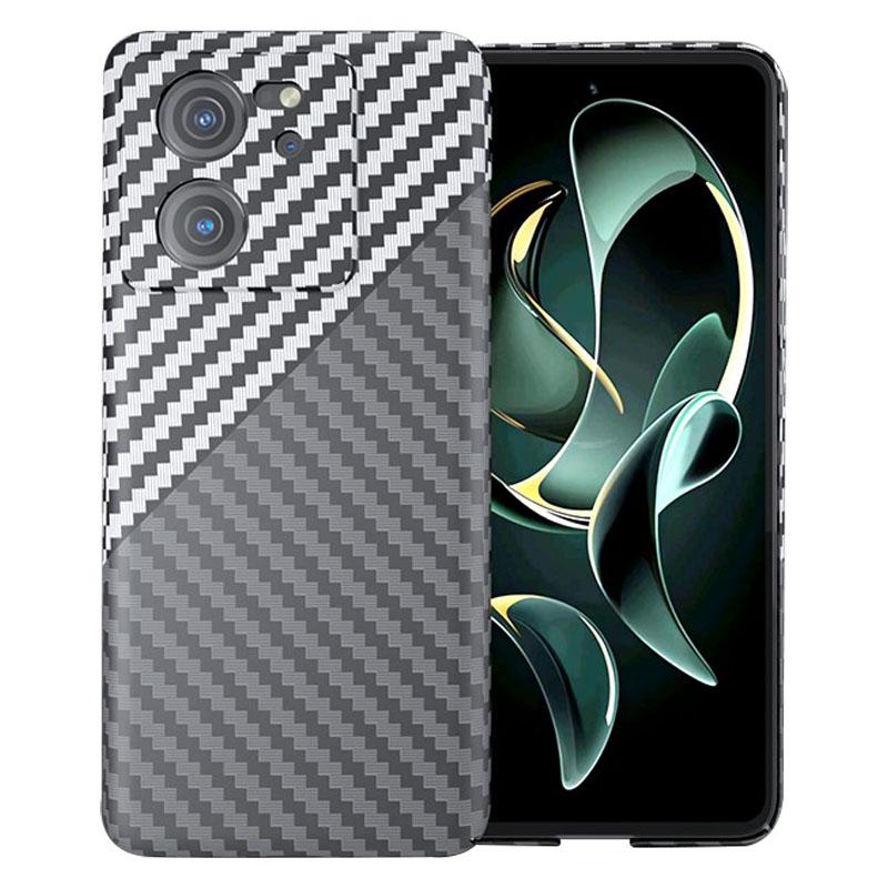 

For Xiaomi 13T/13T Pro Case Splicing Color Carbon Fiber Texture PC Cell Phone Cover Black+White