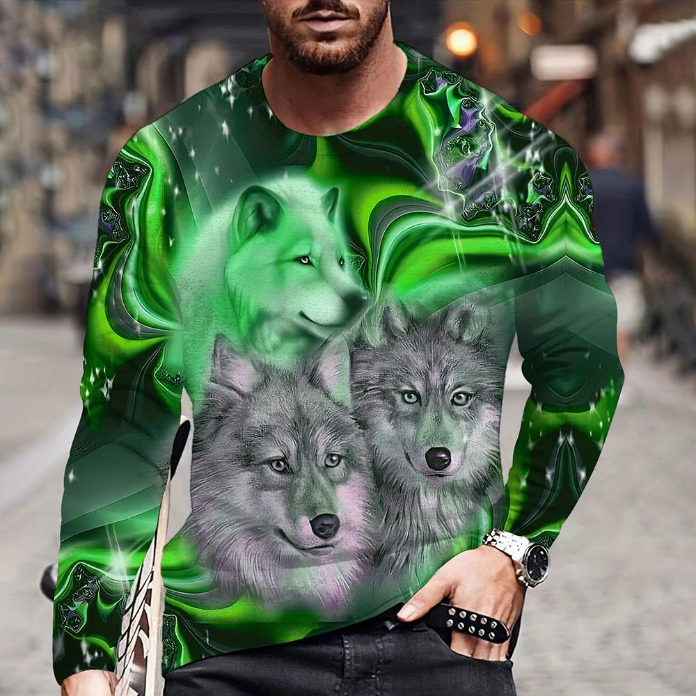 T-Shirts for Men Cool 3D Wolf Pattern Print Vintage Streetwear O-Neck Oversized T Shirt Tops Casual Long Sleeve T-Shirt Clothes