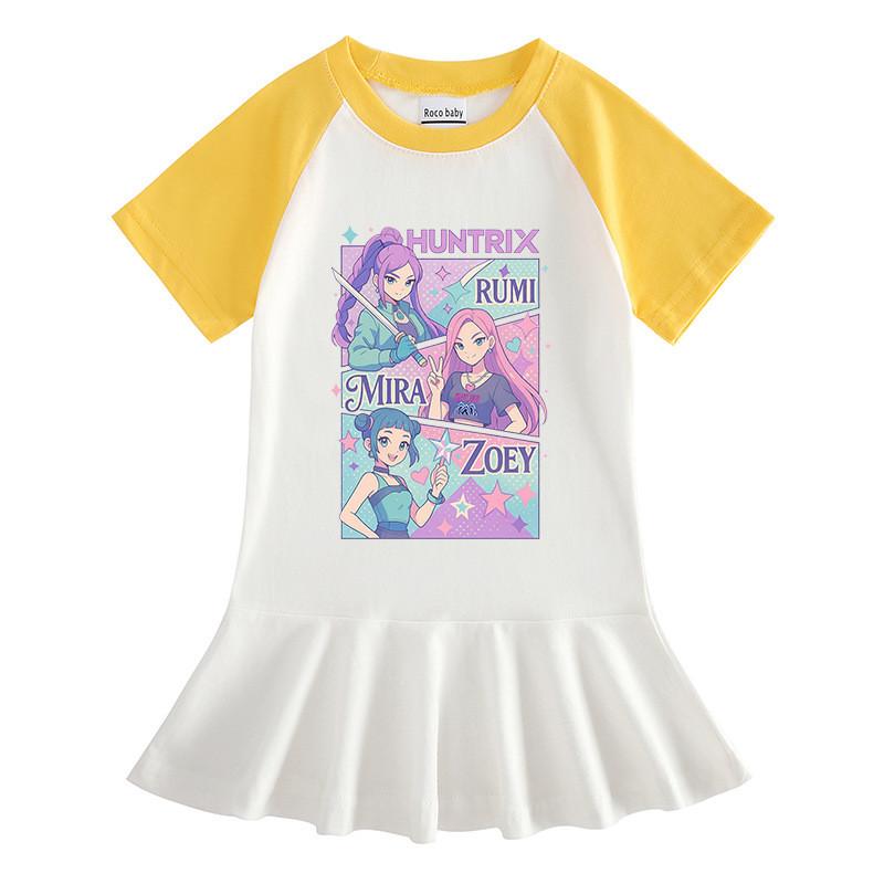 Girls Kpop Rumi Mira Zoey Hunters Print Raglan Sleeves Summer Dress