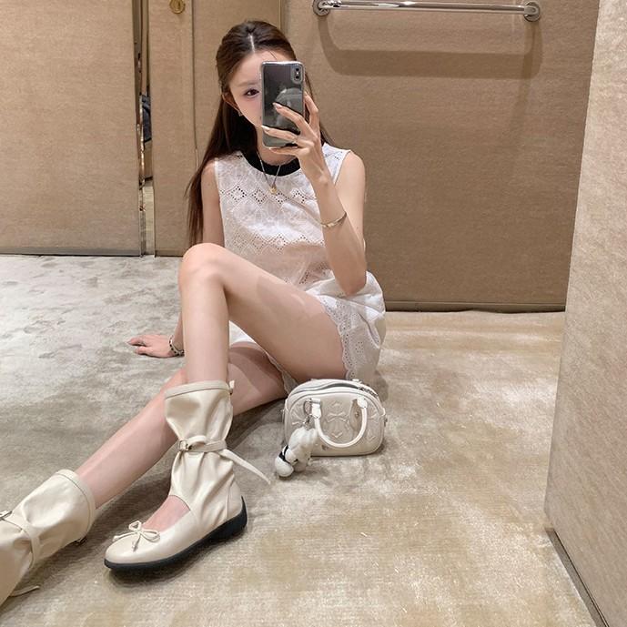 Lambskin heightening 5cm Maillard boots design sense round head bow cool boots ballet single shoes knight boots