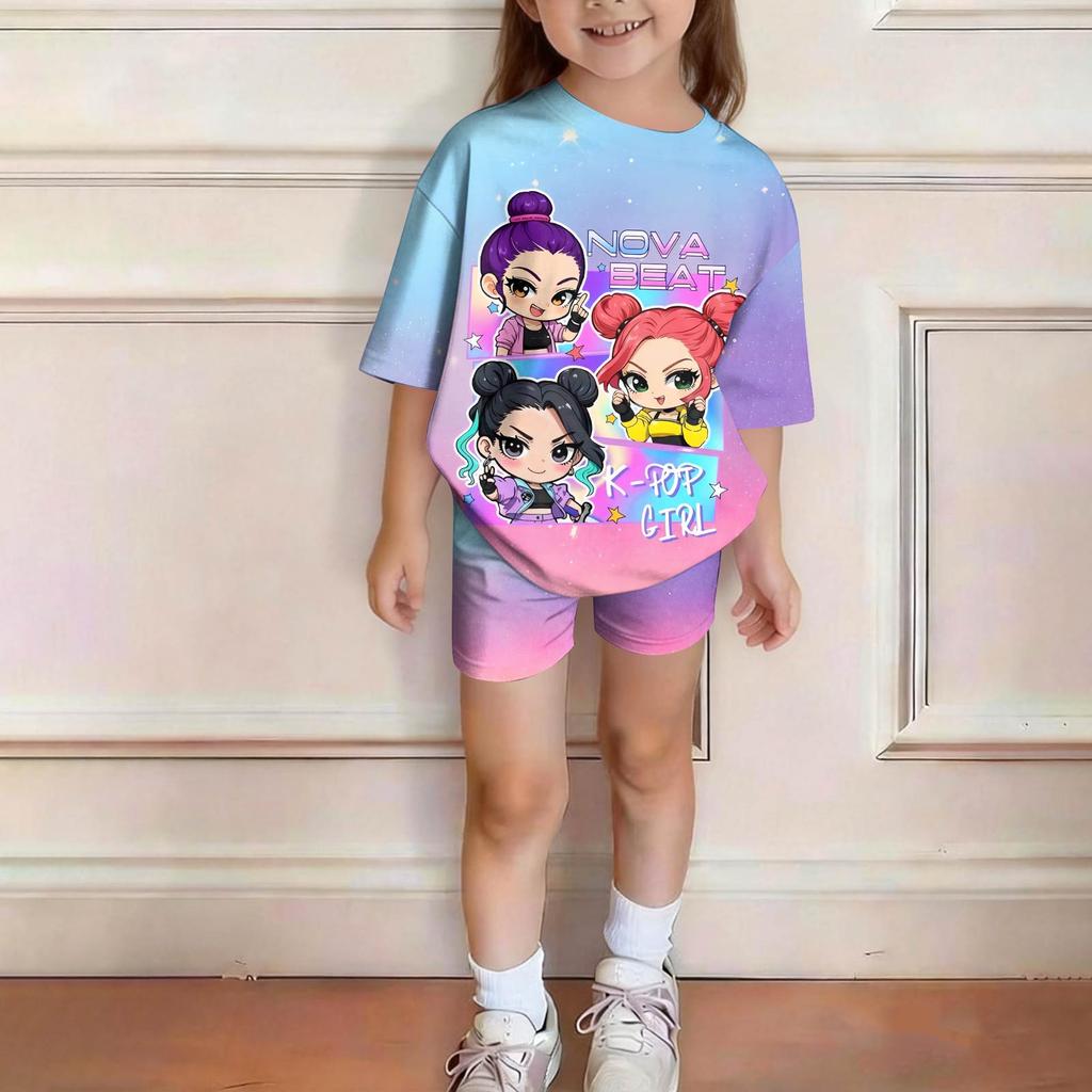 Girls Long Sleeve Printed Loose Casual Round Neck Top and Shorts Set Kids Comfortable Two Piece Outfit Suitable for Daily Wear