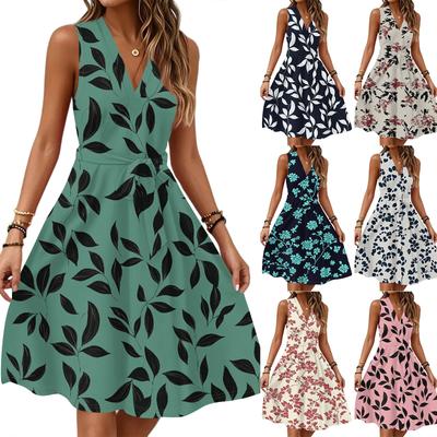 Women's Spring Summer Casual V Neck Sleeveless Waist Floral Print Midi Dress