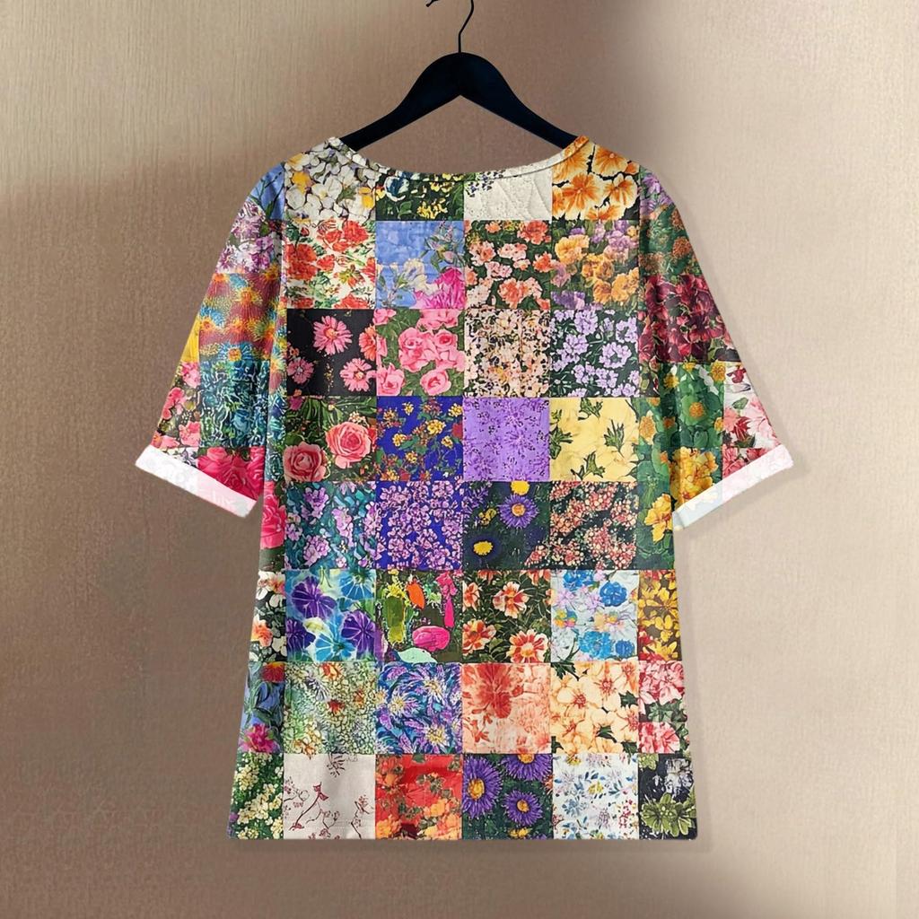 Women's Fashionable And Casual Shirt Half-sleeve Round Neck Print Cotton And Linen Blouse Top