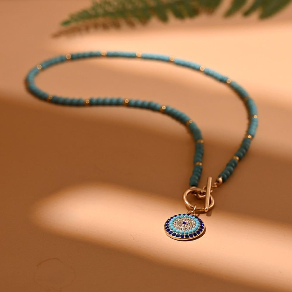 Boho Style Colorful Stone Choker 4mm Beads Beads Chain Necklace Evil Eye Charm Pendant  Women Girls