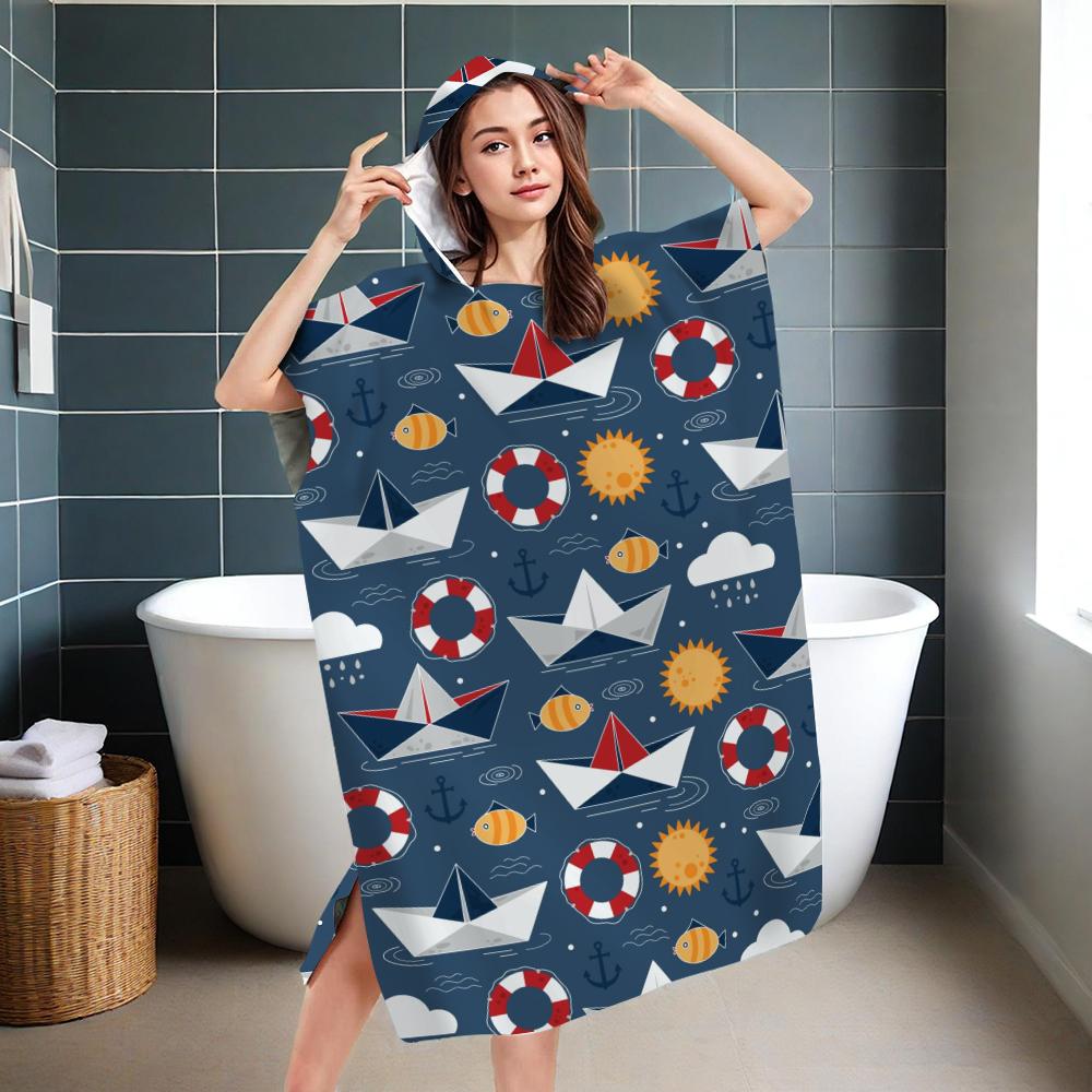 Cartoon Boat Hooded Beach Towel Robe Soft Absorbent Quick Dry Bathrobe for Travel Camping