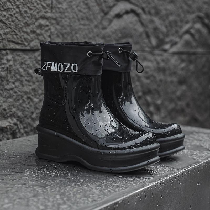 Women's Waterproof Thick-Soled Drawstring Rain Boots - Short, Height-Boosting Rubber Shoes for Outdoor and Kitchen Use