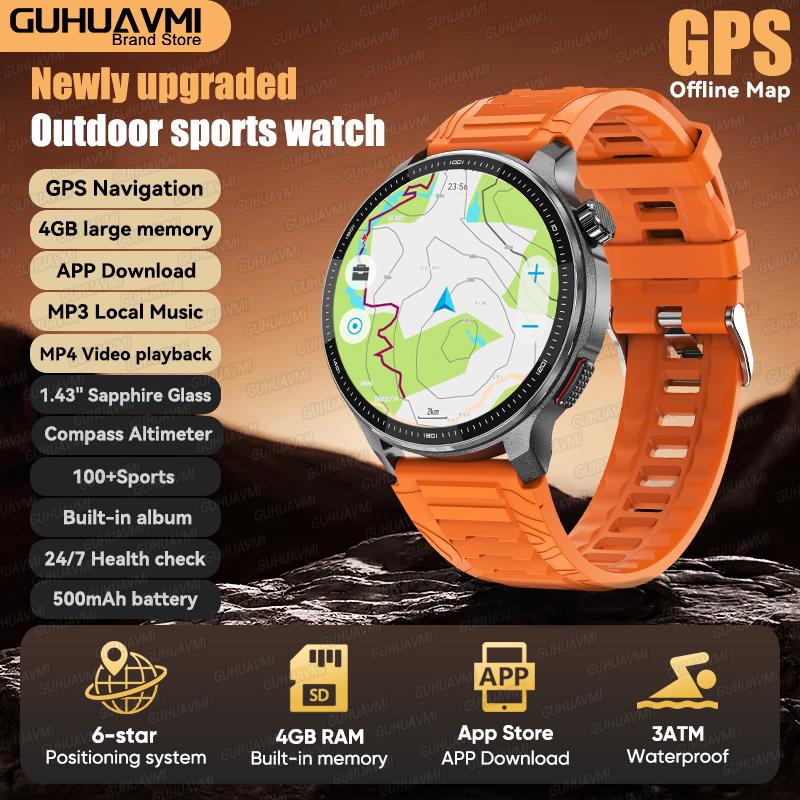 New Outdoor GPS Offline Map Sports Smart Watch Compass Altimeter 4GB Memory Video Music Playback Waterproof Smartwatch Men
