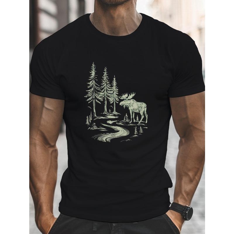 

European sizes Men S Casual T-Shirt with Moose and Pine Trees Print, Crew Neck Short Sleeve Top, Slight Stretch Knit Fabric XL