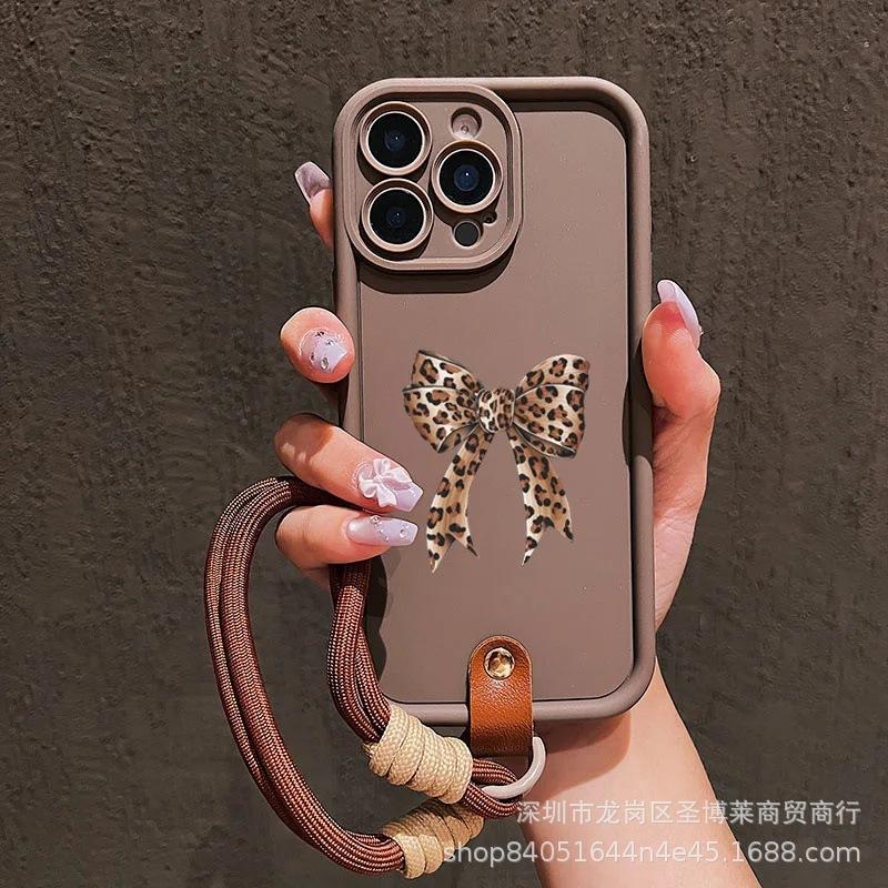 Leopard Print Bow Lanyard Is Suitable for Apple 16 Mobile Phone Case 15PRO All-inclusive 14 Matte 11 Anti-drop 13 Protective Case 7.