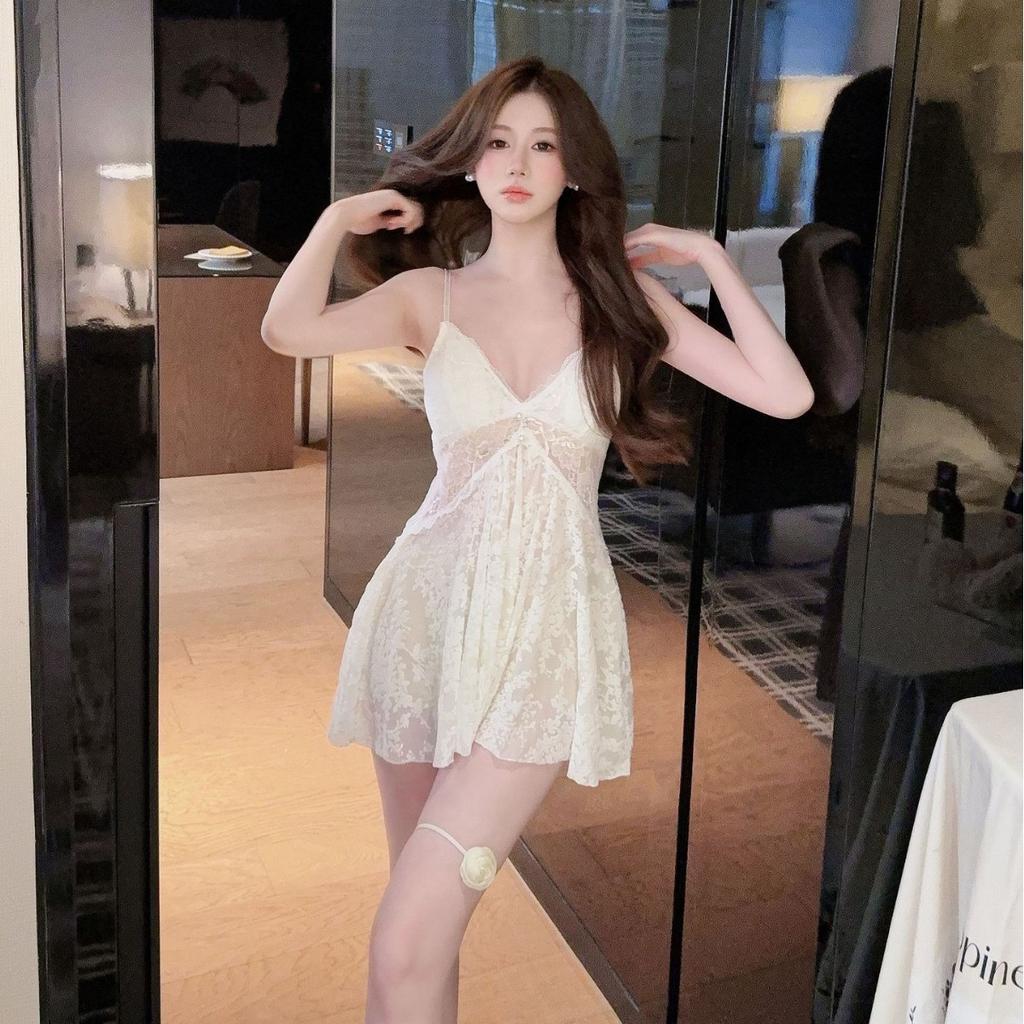 Sexy pajamas women with chest pads burn flowers spring and summer new lace pure desire style premium nightgown comfortable loungewear