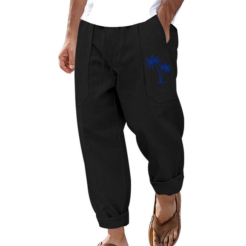 New fashion casual beach trousers men's coconut tree print cotton and linen loose trousers