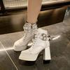 Belt Buckle Rivet Short Boots Side Zip Fashion Round Head Waterproof Platform High Heels Plush Winter Women'S Ankle Boots 35-42
