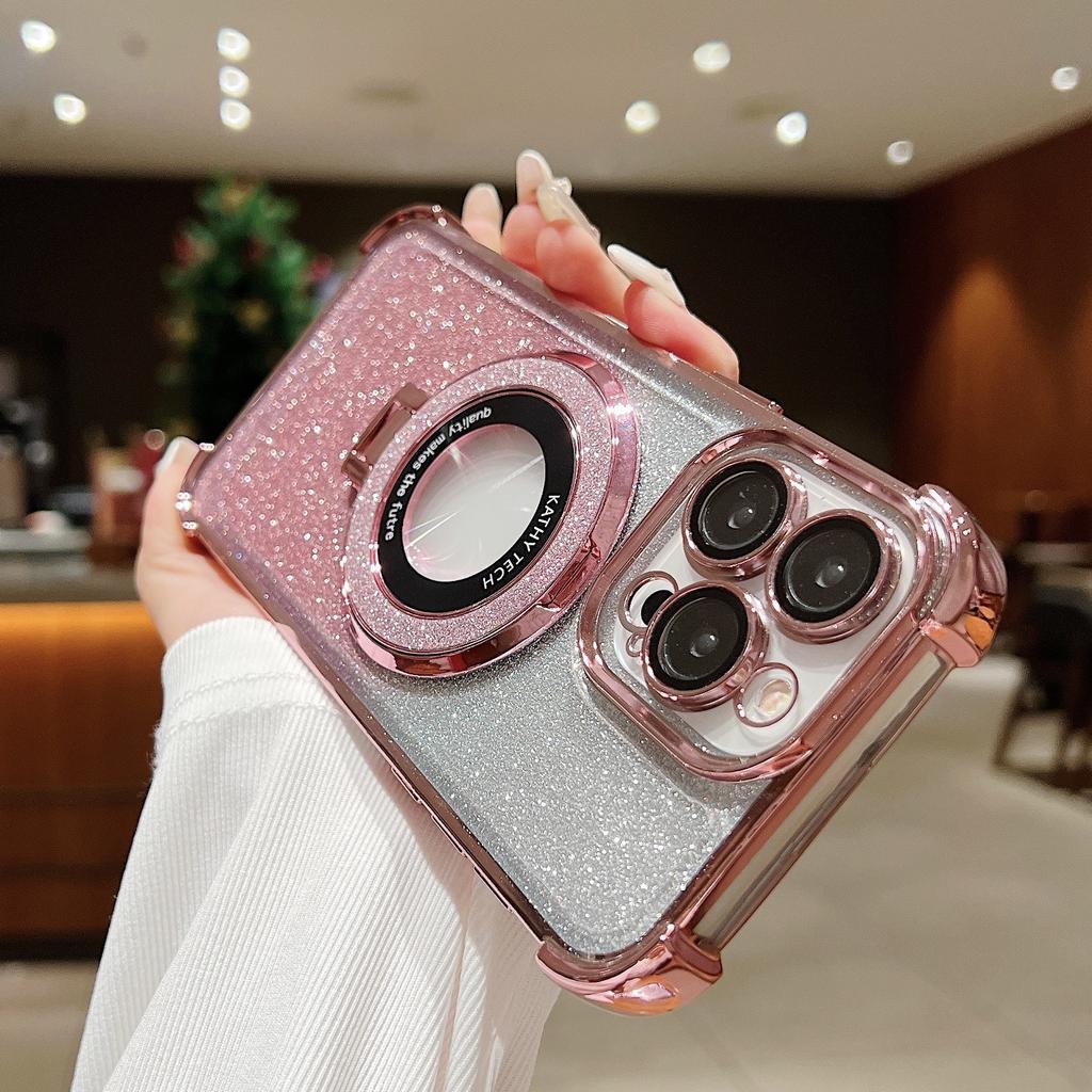 Gradient Electroplating Four Corner Anti-fall 11 Suitable for IPhone 16E Mobile Phone Case Apple 15 Flash Powder Magnetic Bracket Sheath 3