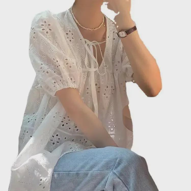 Women's French White Lace Short-Sleeve Puff Shirt - Summer 2025 Collection