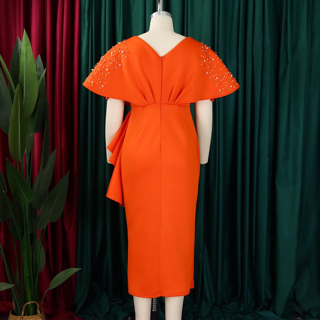 Elegant V Neck Dresses Women Summer Short Sleeve Ruffles Split Ankle Length Beaded Luxury Female Party Dress