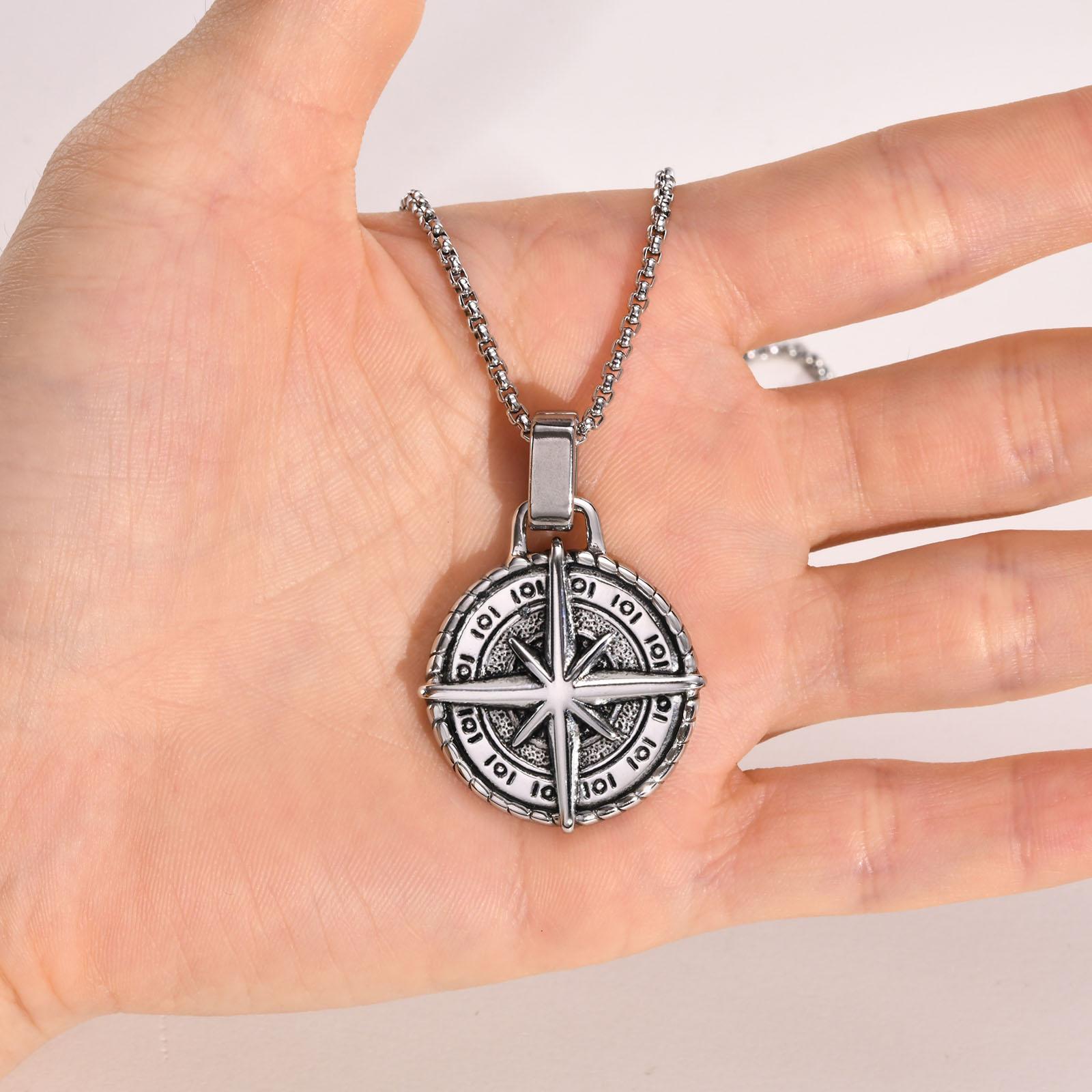 

North Star Men Necklace Stainless Steel Compass Pendant Handmade Coin Form Jewelry for Men