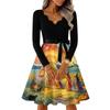 Women's Casual V-Neck Long Sleeve Vintage Halloween Print Dress