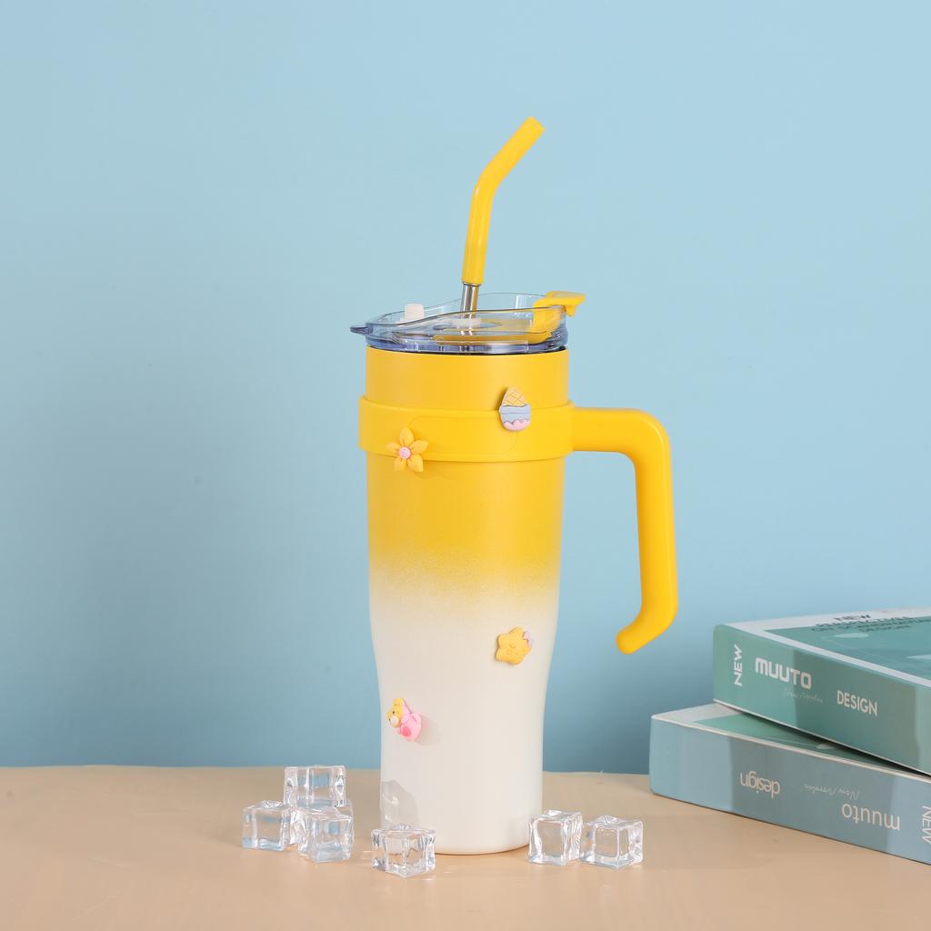 Tazza per auto con manico da 40 once, in acciaio inossidabile, grande capacità, isolata sottovuoto, con cannuccia, per auto, per gelato, bottiglia d'acqua