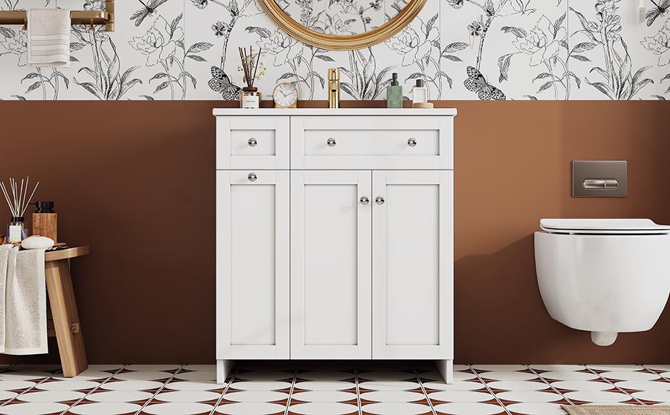 76 x 47 x 86 cm, Lavabo Autoportante, Laccato, Lavabo in Ceramica a Prova di Perdite, 8 Cassetti, Basso Rumore, Cerniere Soft-Close, Maniglie Argentate, Bianco.