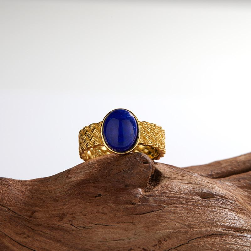 Niche Retro High-End Open Ring S925 Sterling Silver Inlaid With Natural Lapis Lazuli Powder Crystal Colored Treasure Ring For Women