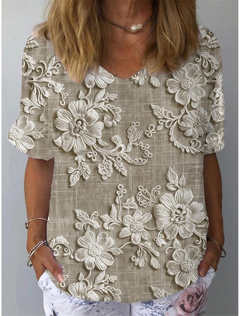 Summer V-neck 3D Floral Pattern Printed Top Fashionable Casual Short Sleeved Women's T-shirts