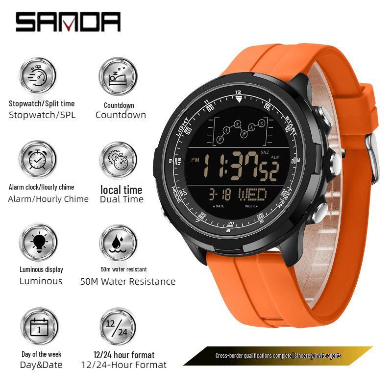 Sanda Sports Fashion Watch: Segmented Timer, Calendar, Luminous Dial, Large Face, Simple Student Design.