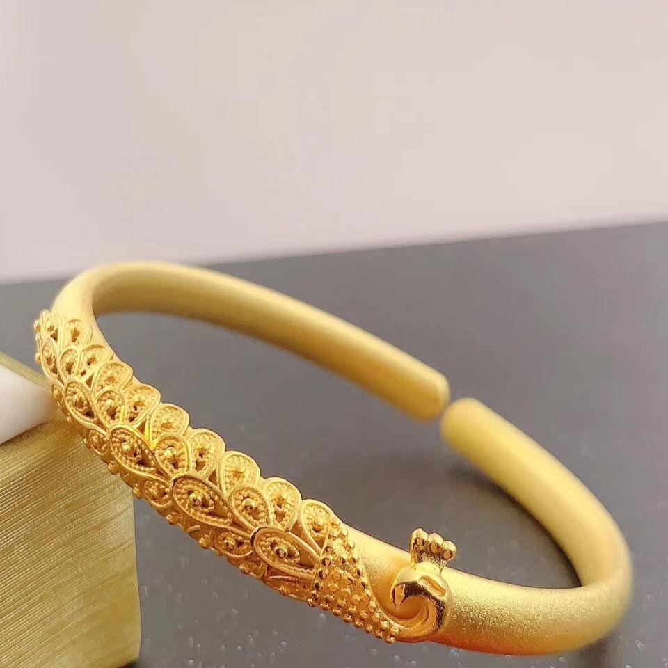 Gold Color Dragon and Phoenix Open Bracelet Children's Peacock Smooth Face