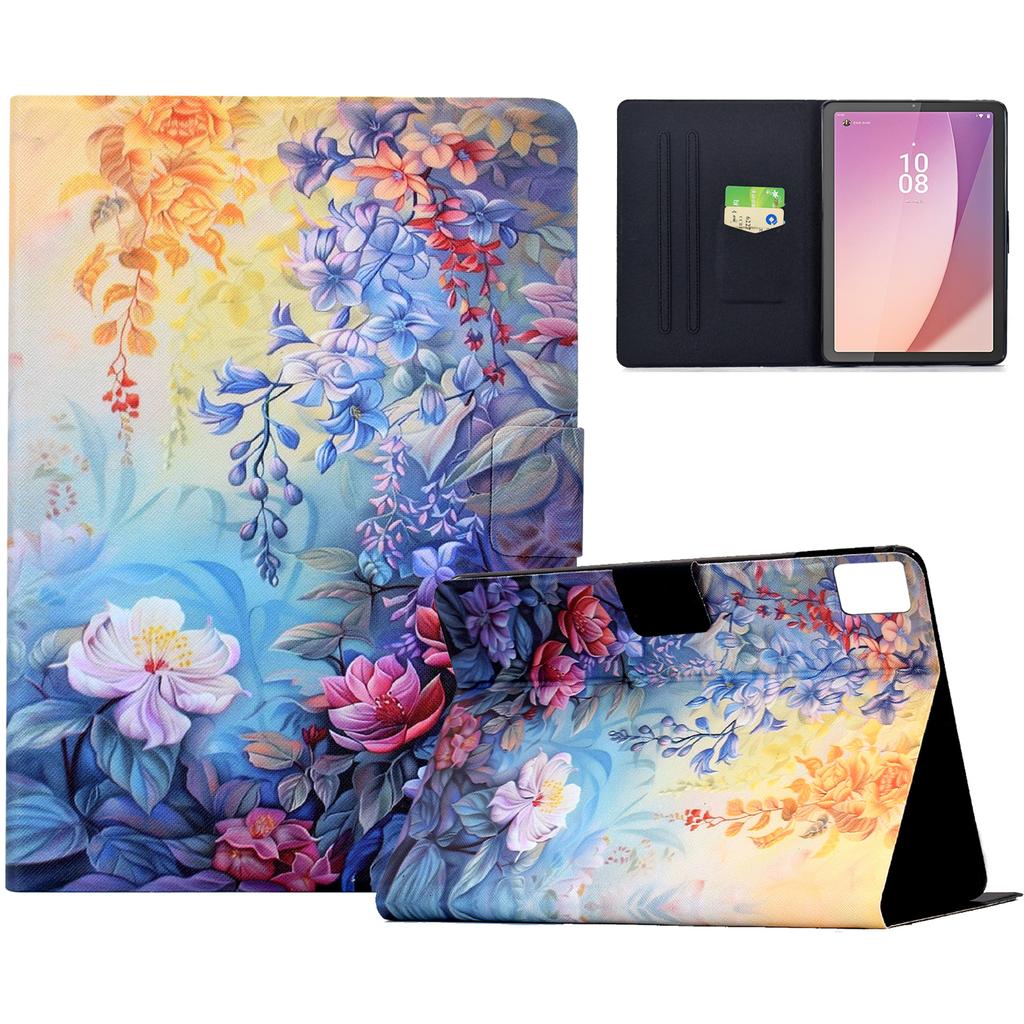 For Lenovo Tab M9 TB-310FU Case Colorful Pattern Painting Card Slots Stand Leather Tablet Cover with Auto Sleep/Wake