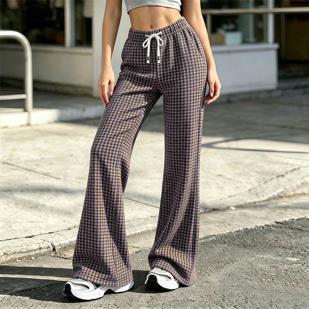Women's Plaid Flare Pants with Waist for Casual and Home Wear