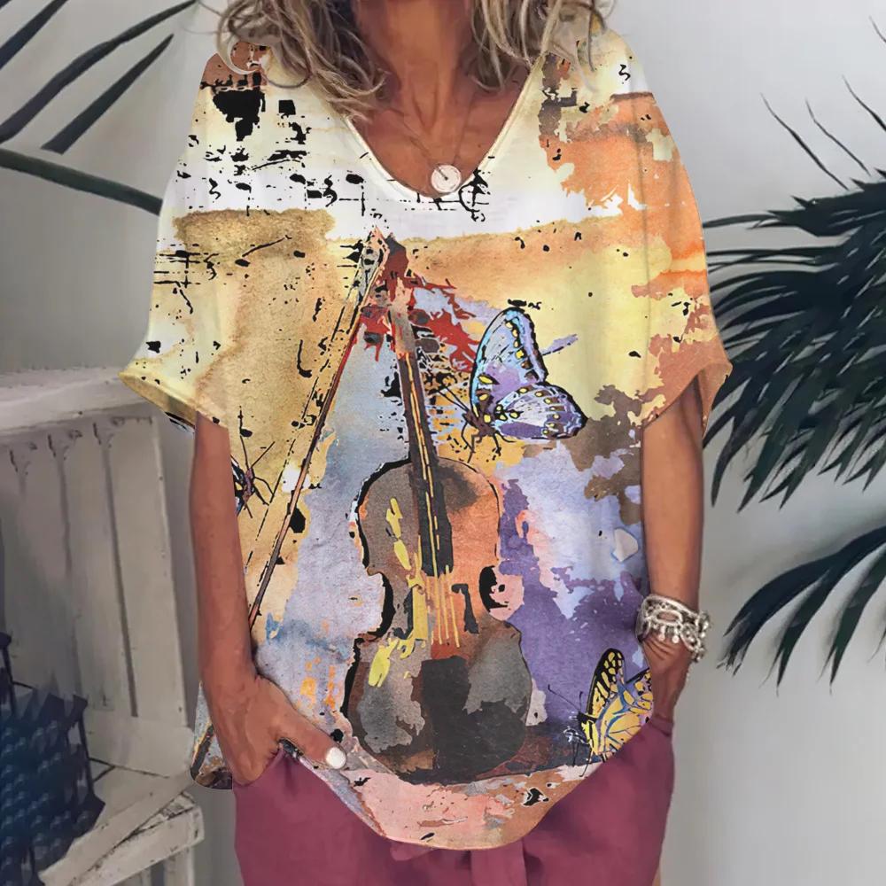 Ρούχα Γυναικεία με Λαιμόκοψη V Oversized Ρούχα Γυναικεία Κοντομάνικα Καλοκαίρι Ρετρό Μπλουζάκι Μόδες Βιολιά Μπλουζάκι με Εκτύπωση Streetwear