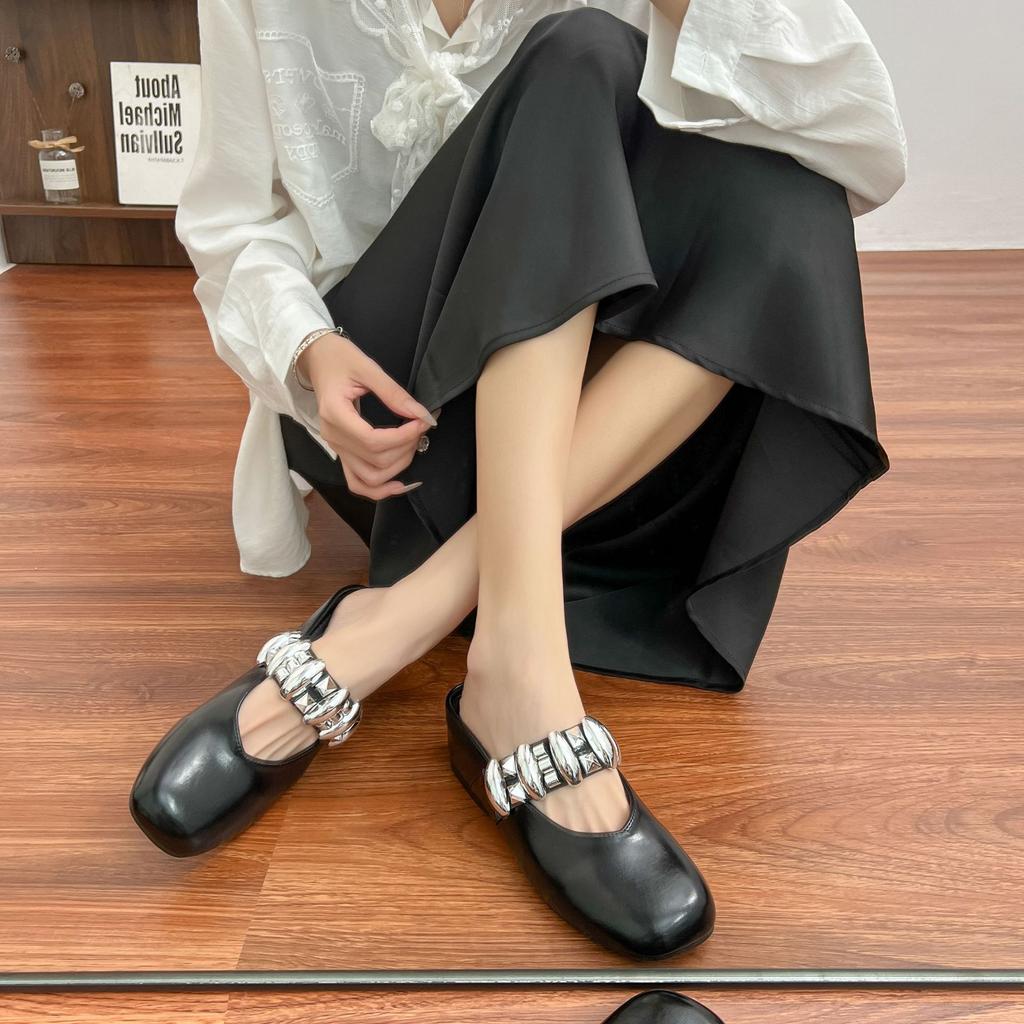Summer new bag head cool slippers women wear high-end temperament square head women's shoes inner height increase silver Mary Jane shoes