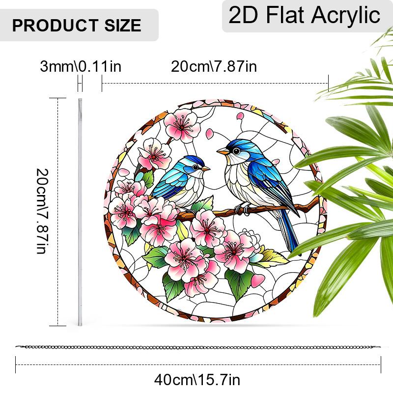 2D Flat Acrylic Peach Blossom Birds Suncatcher Decorative Hanging Ornament, 7.87/11.81inches Love Birds Home Window Porch Wall Garden Tree Decor