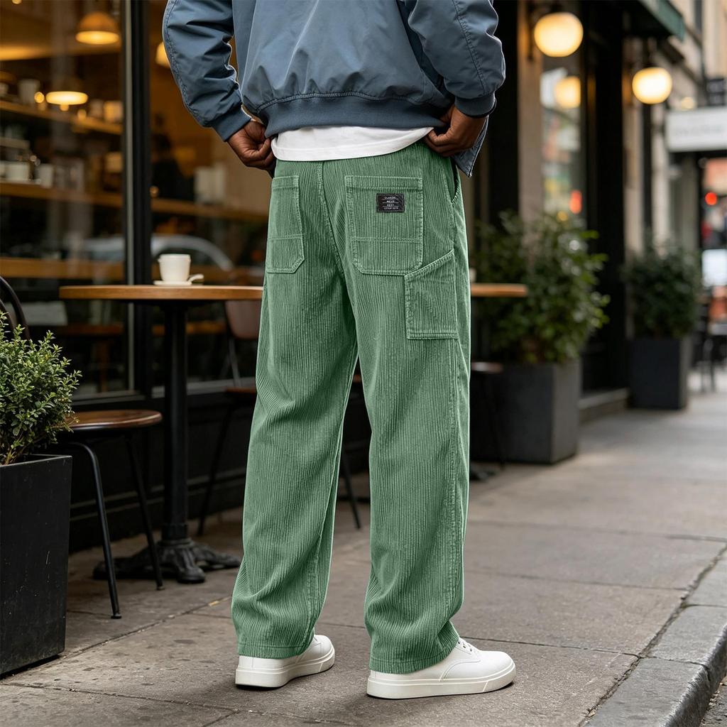Men's Corduroy Multi-Pocket Cargo Pants Loose Fit Vintage Casual Straight Leg for Everyday Wear
