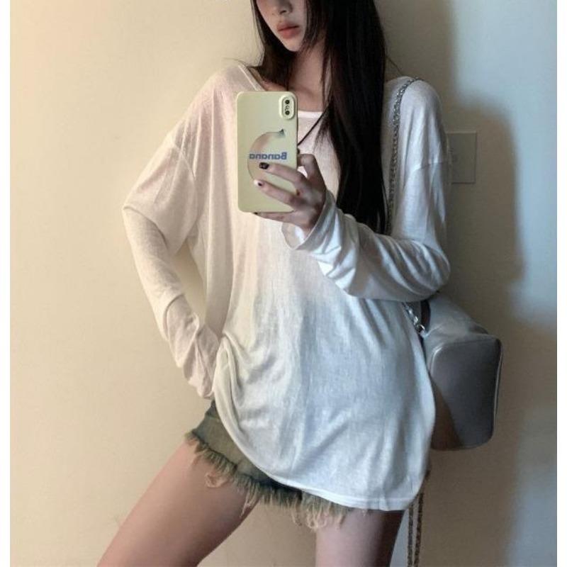 Loose Fit Off Shoulder Beach Cover Up Summer Women Sun Protection Shirt Cardigan Long Sleeve T-shirts Solid Color Loose Blouse Basic Sexy Clothing