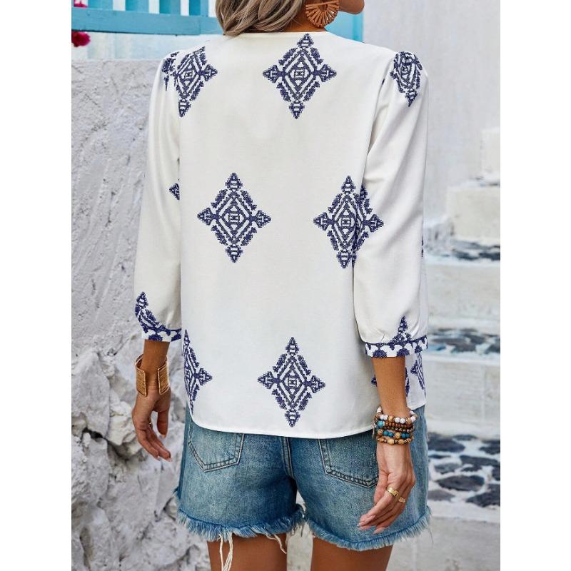 VEZFAA Damenmode Lässig Sommer Frühling Rautenmuster Kurzarm V-Ausschnitt Blusen & Hemden