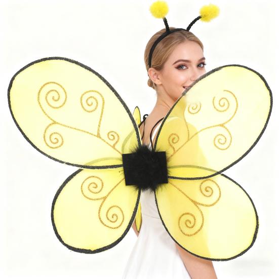 Halloween Bee Wing for Kids Boys Girls Yellow Mesh Wing Costume Animal Cosplay Headband for Fantasy Party Accessories