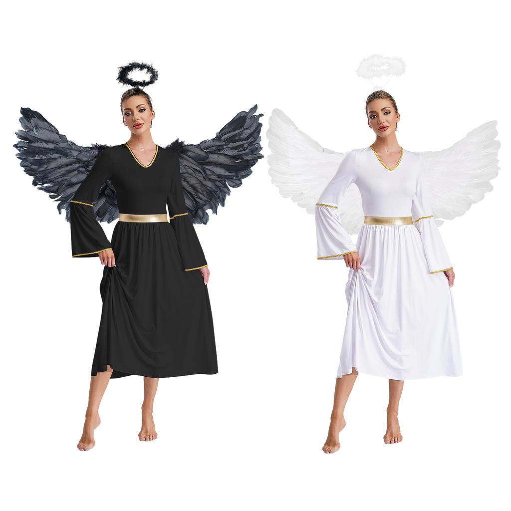 Women Angel Dress Costume Set with Feather Wings Headwear Gold Trim Long Sleeve Gown for Cosplay Party S-XXL