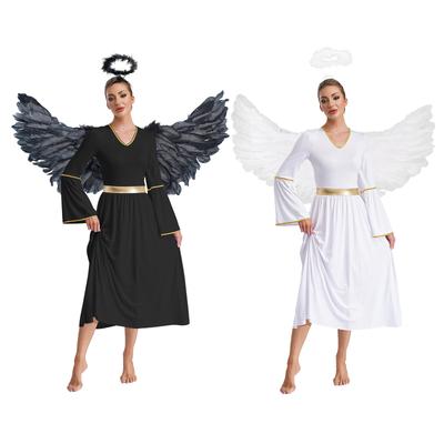 Women Angel Wing Costume Set with Headwear Gold Trim Long Sleeve Gown Dress for Party Performance S-XXL