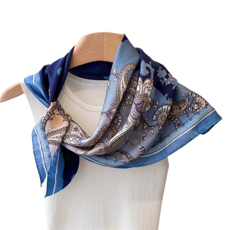 Women Fashion Spring Summer Lady Printed Imitation Silk Scarf Elegant Shawl Versatile Square Neckerchief and Headscarf
