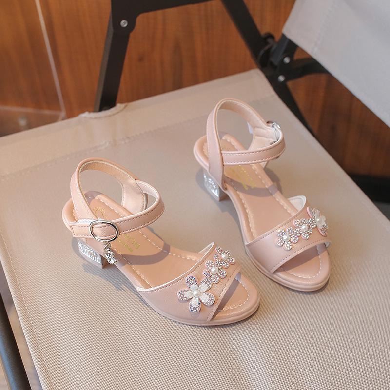 Girls’ Rhinestone Flower High Heel Sandals – Non-slip Soft Sole for Summer & Dance