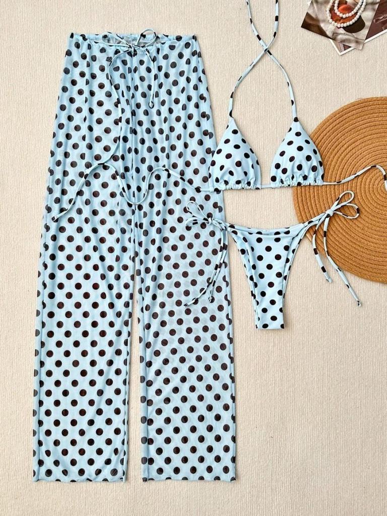 Split swimsuit women's European and American 11 new summer sexy polka dot lace-up three-piece bikini trousers set