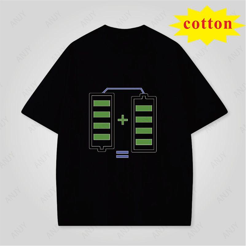 Fun Battery Parallel Printed Tshirt For Couples Funny And Creative Combination Of Power Loose Short Sleeved Top