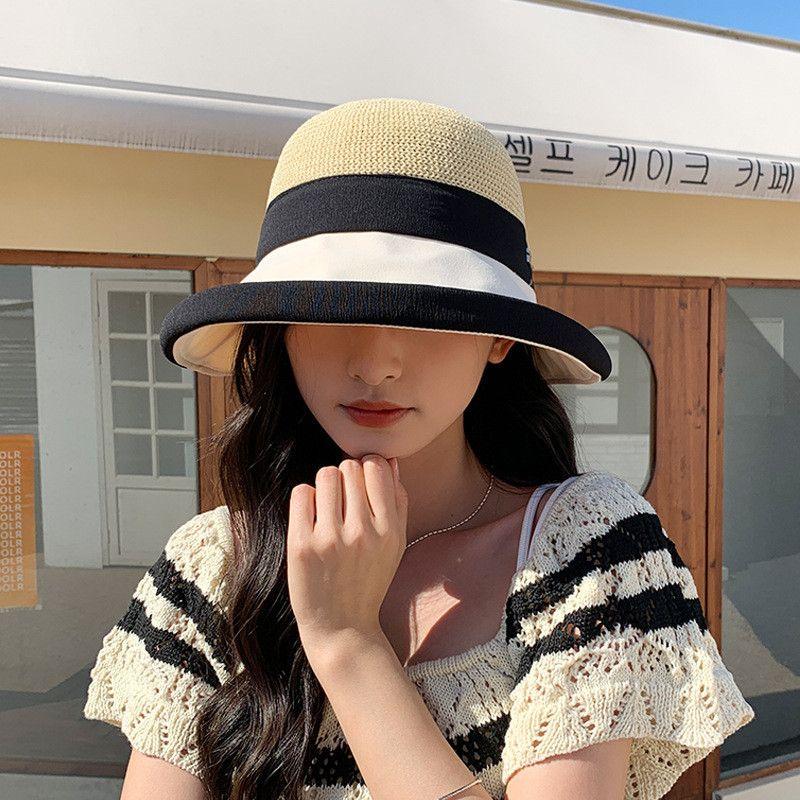 

8544 Summer Outdoor Face Edge Curling Big Brim Show Sun Protection Hat Children s Small Straw Sun Hat Beach Seaside Bucket Hat Beige