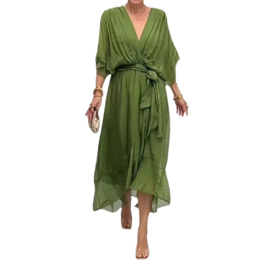 New Women's Solid Color Ruffle Long Sleeve Batwing Sleeve Irregular Dress Plus Size