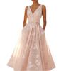 Women's Light Pink Sleeveless Dress with Floral Embroidery and Waist Bow