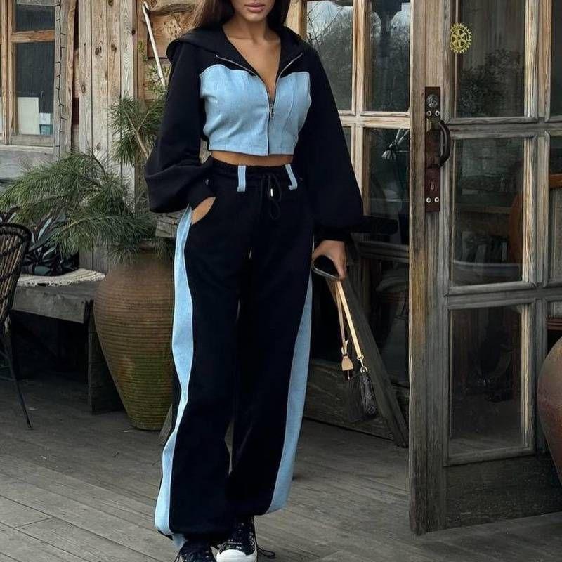 

European and American Fashion Casual Denim Stitching Hoodie Trousers Set Sweatshirt and Pants Set Black XL