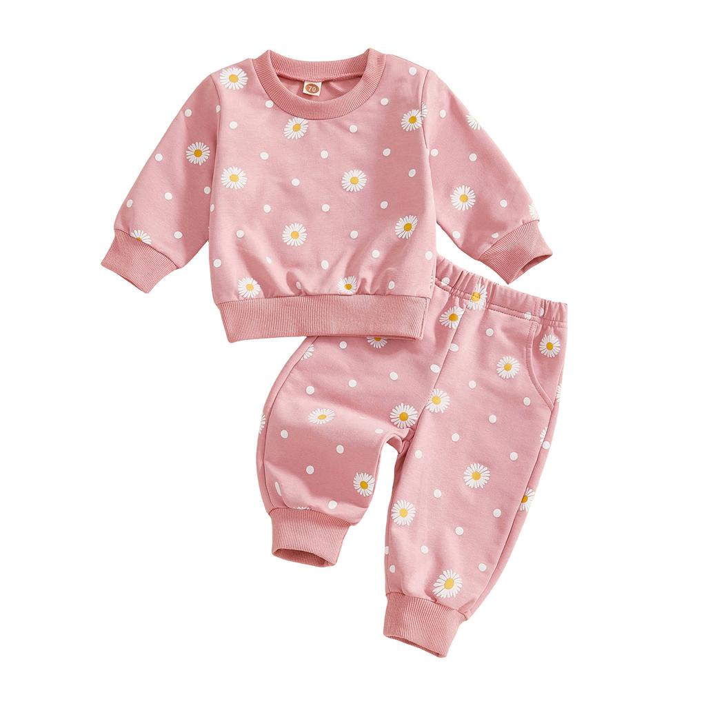 Baby Girls 2-piece Outfit Flower Print Long Sleeve Crew Neck Sweatshirt with Elastic Waist Sweatpants Fall Clothes