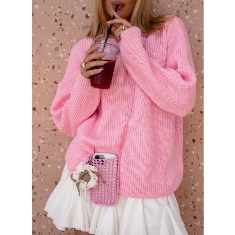 

Женский осенне-зимний свитер с круглым вырезом, пуловер свободного кроя, европейский и американский стиль, трикотажная куртка-свитер с длинным рукавом для женщин розовый